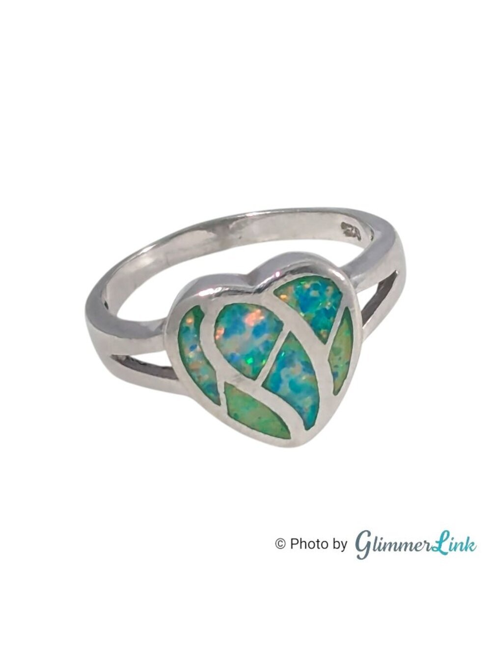Sterling Silver Heart Opal Inlay Ring Size 9 Blue Green Mosaic Design